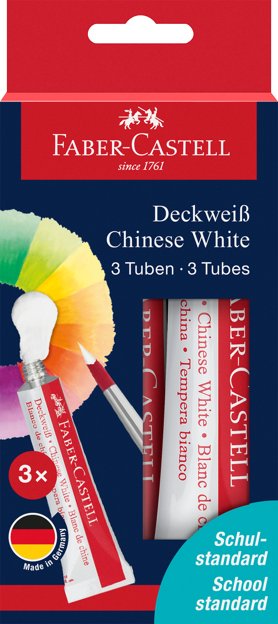 Faber-Castell Deckweiß Chinese White pakuotė su trimis baltų akvarelinių dažų tūbelėmis ir teptuku