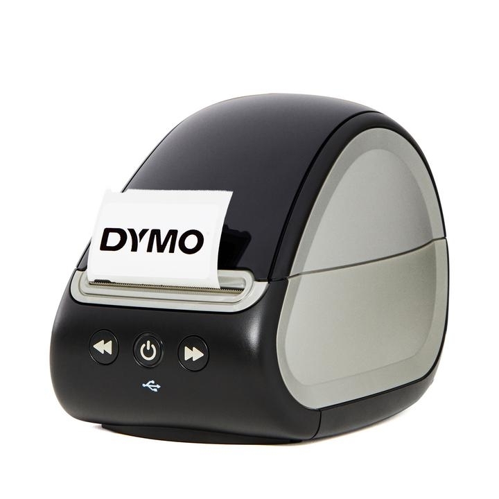 Juodas ir pilkas Dymo LabelWriter spausdintuvas su DYMO etikete priekinėje angoje ir trimis valdymo mygtukais