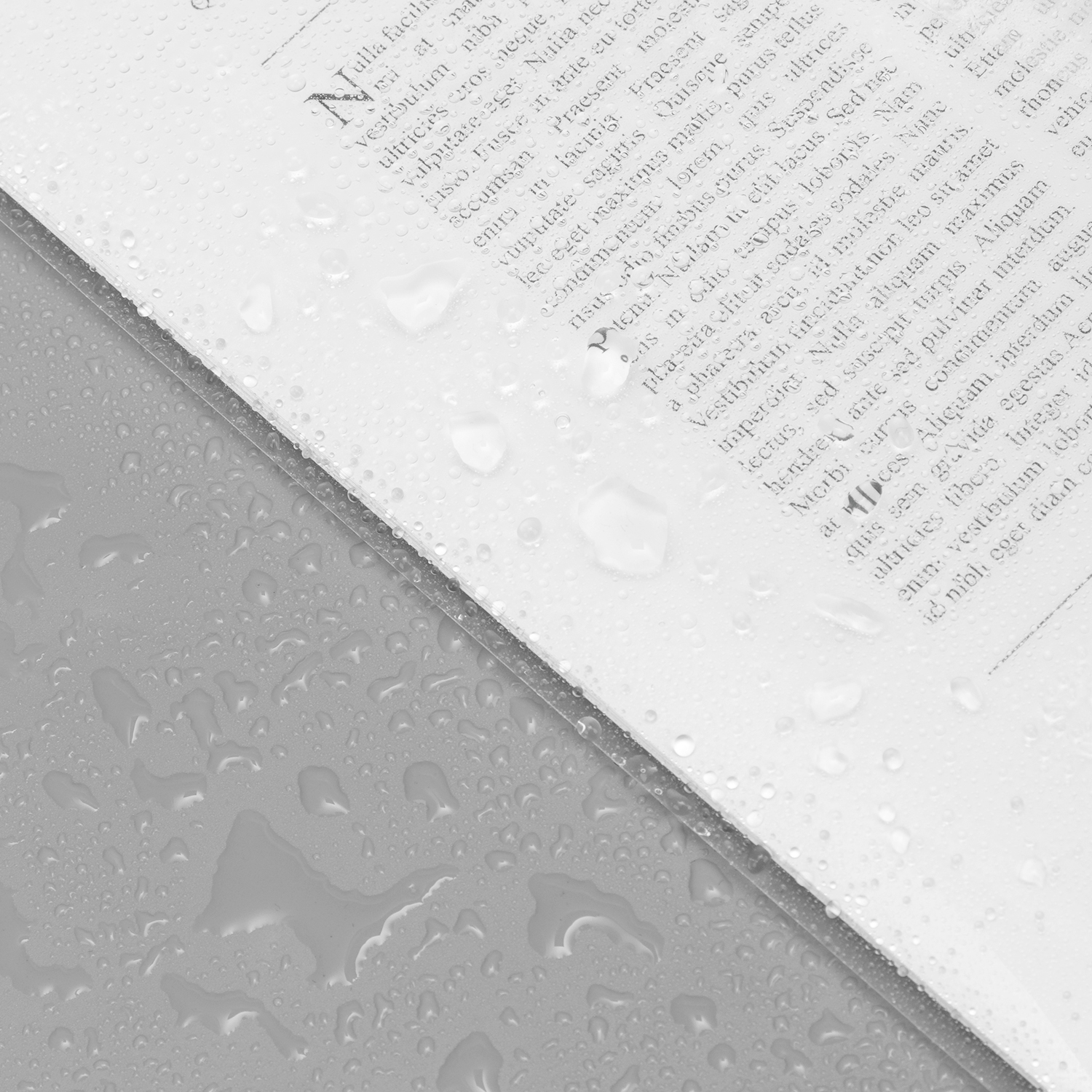 Nespalvotas artimas skaidraus aplanko vaizdas su vandens lašeliais ir po plastiku matomu baltu spausdinto teksto lapu