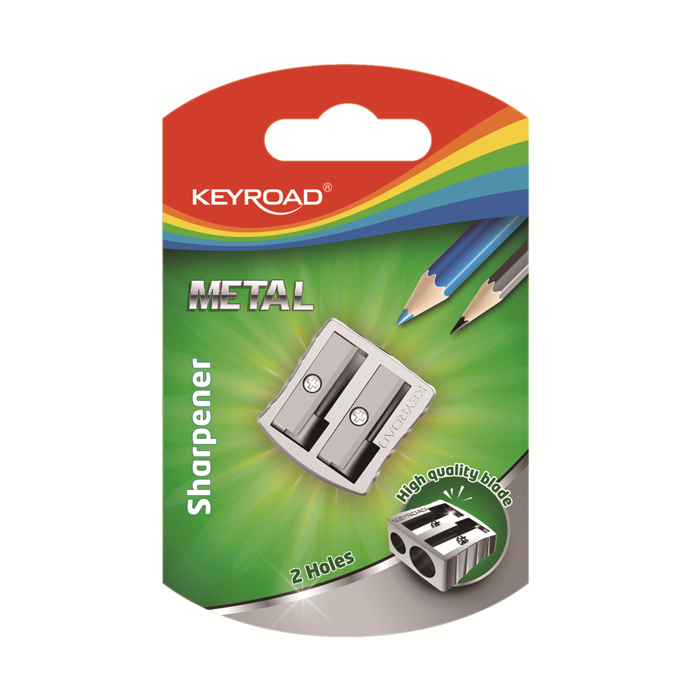 Keyroad Metal dviejų skylių drožtuko pakuotė su sidabriniu dvigubu drožtuku, dviem geležtėmis ir high quality blade ženklu