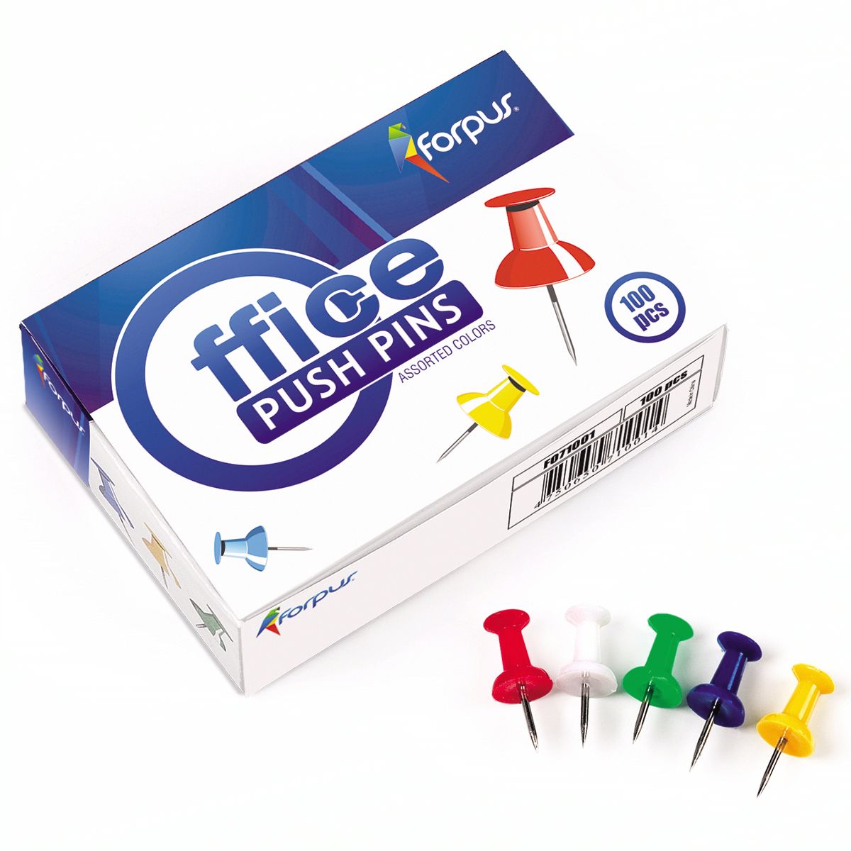 Forpus Office Push Pins dėžutė su 100 pcs žyma ir priekyje išrikiuotais penkiais įvairiaspalviais smeigtukais