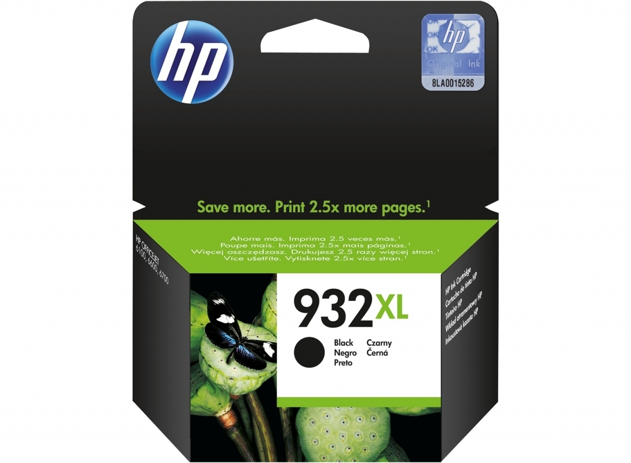 HP 932XL juodos rašalo kasetės dėžutė su balta etikete, mėlynu holografiniu lipduku ir dviem drugeliais