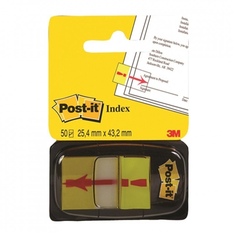 Geltonų Post-it Index žymeklių komplektas juodame laikiklyje su raudonu šauktuku ir dokumento parašo iliustracija