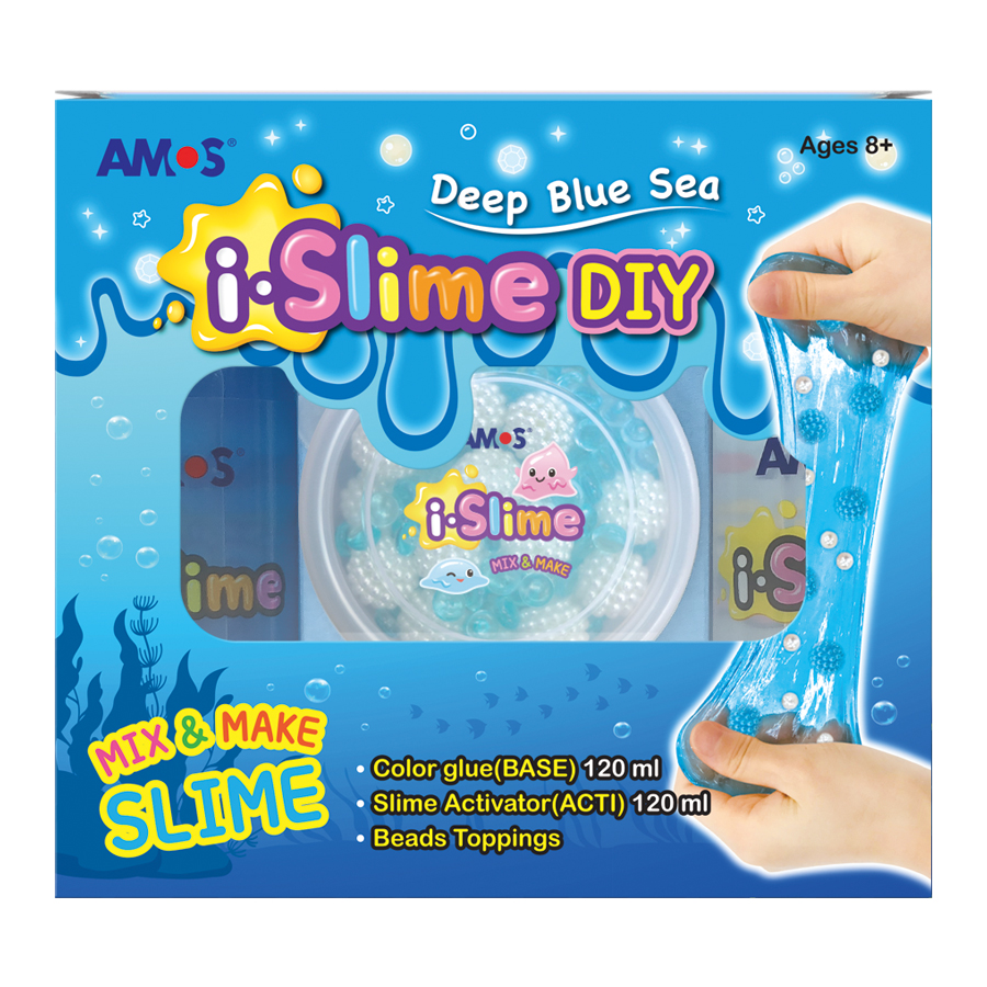 Mėlyna Amos i-Slime DIY dėžutė su jūros motyvais, karoliukais ir rankomis tempiama skaidria mase