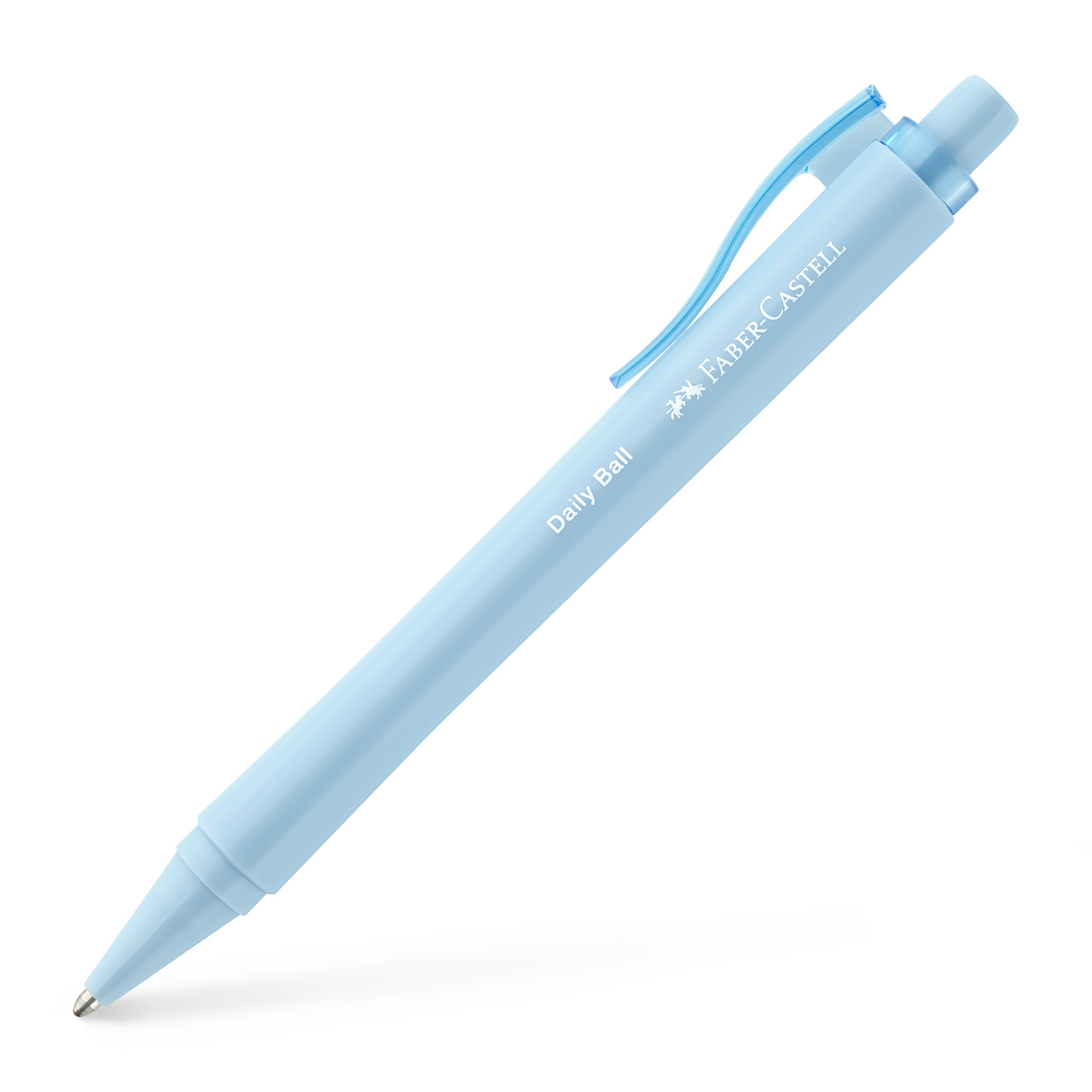 Šviesiai mėlynas Faber-Castell Daily Ball XB tušinukas įstrižai su kūginiu antgaliu, lenktu segtuku ir mygtuku