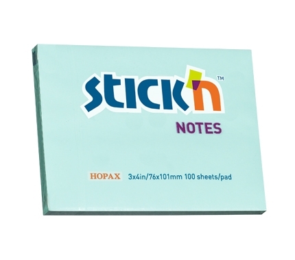 Šviesiai melsvas Stick'N Notes blokelis su 3 x 4 in, 76 x 101 mm, 100 sheets per pad ir HOPAX žymomis