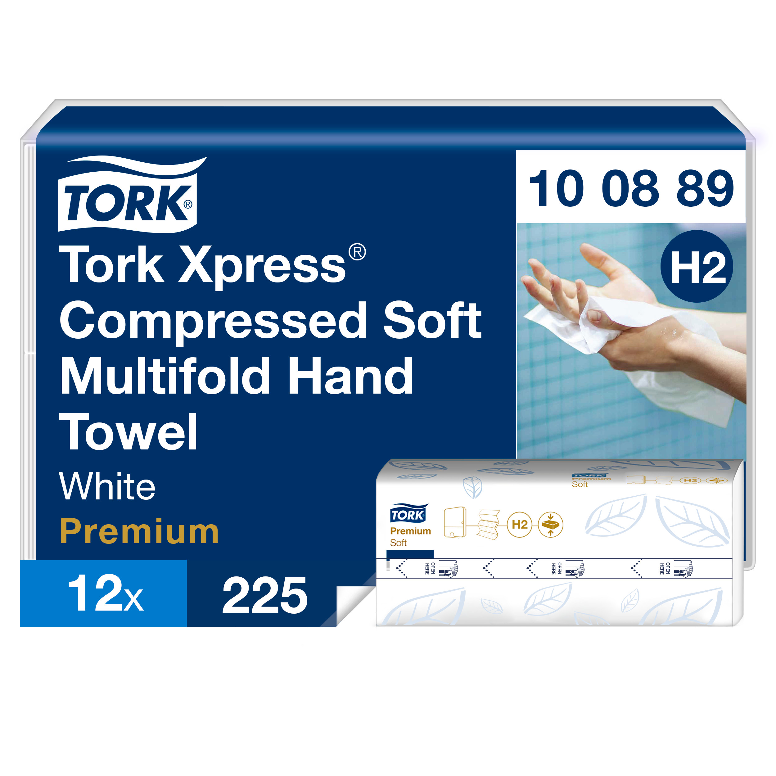 Mėlyna Tork Xpress Compressed Soft Multifold H2 dėžė, 100889 kodas, 12 × 225 žyma ir priekyje balta rankšluosčių pakuotė
