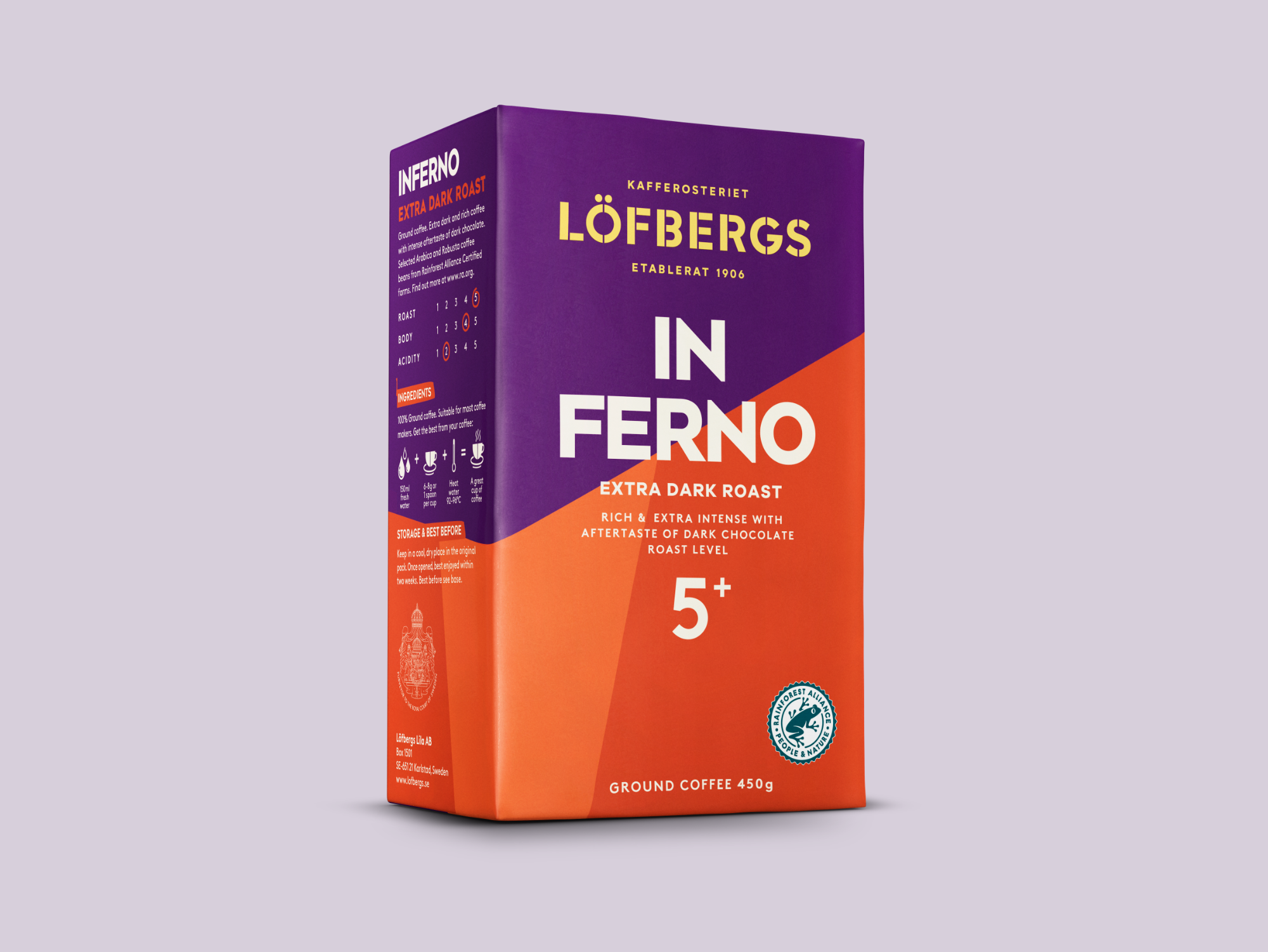 Löfbergs Inferno Extra Dark Roast kavos pakuotė su 5+ skrudinimo lygiu, Rainforest Alliance ženklu ir 450 g žyma