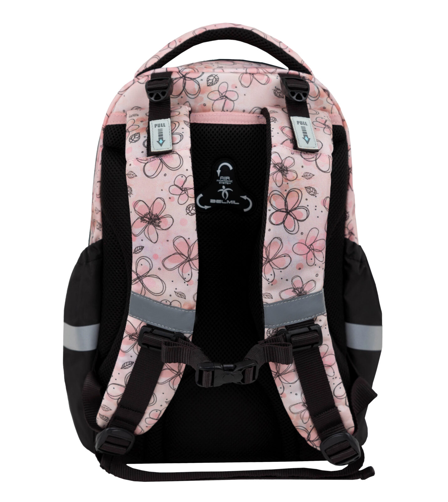 Belmil Light Pink Petals kuprinė iš nugaros su juodu tinkliniu paminkštinimu, rausvomis gėlėtomis petnešomis ir atšvaitais