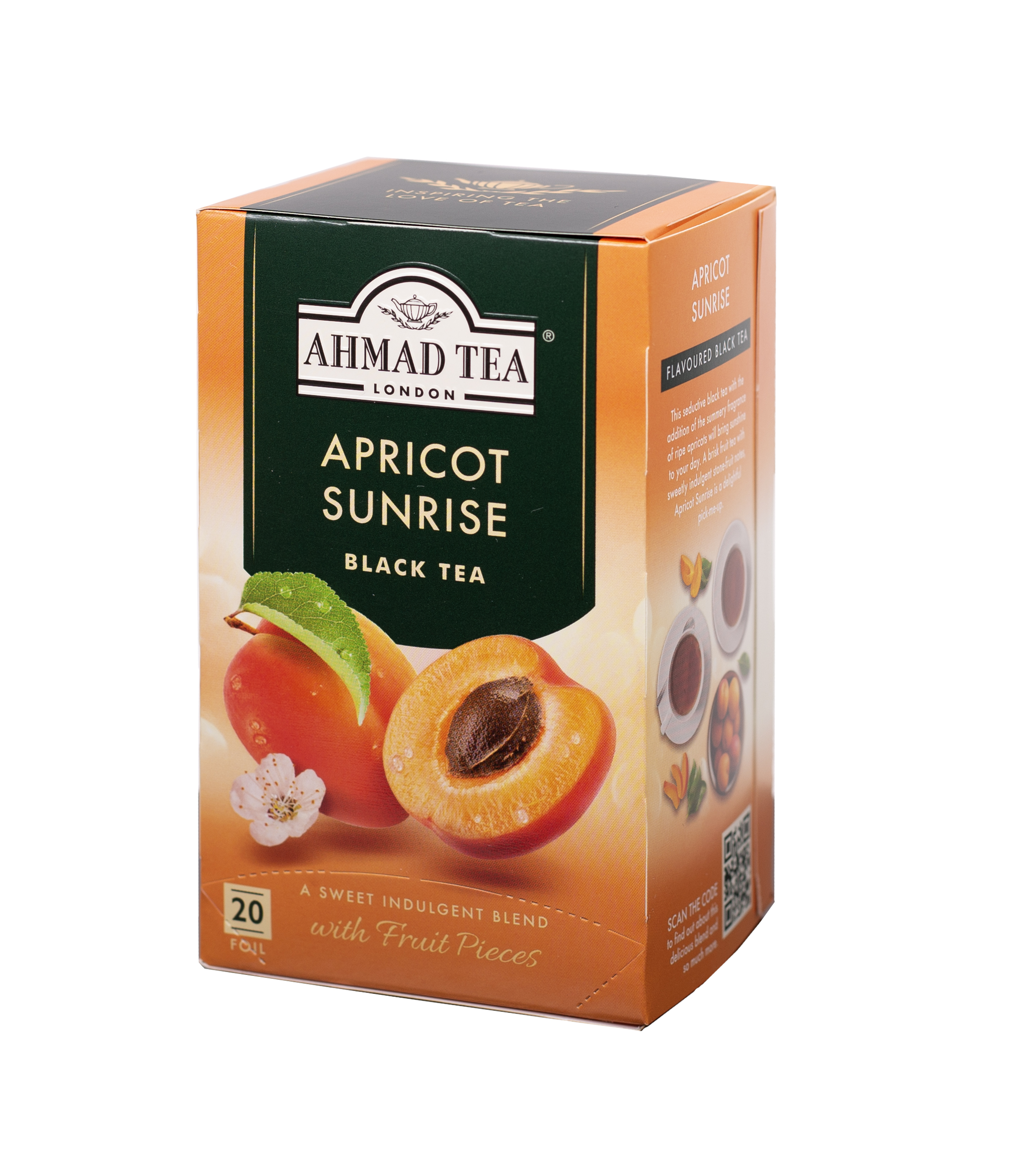 Oranžinė Ahmad Tea Apricot Sunrise dėžutė su abrikosais, žiedu ir 20 folijuotų pakelių žyma
