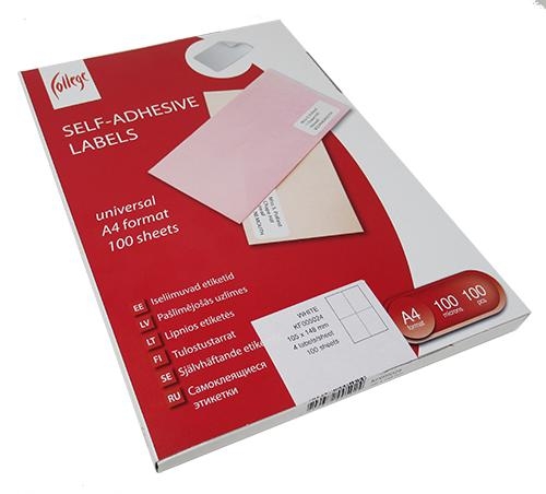 Raudona College Self-Adhesive Labels A4 pakuotė su dviem rožiniais etikečių pavyzdžiais ir 100 lapų žyma
