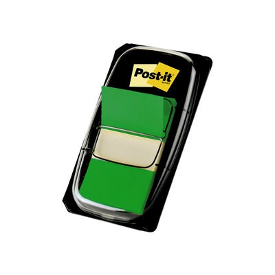 Juodas skaidrus Post-it dozatorius su dviem žaliomis plastikinėmis kortelėmis, pilka ištraukimo plokštele ir geltonu logotipu
