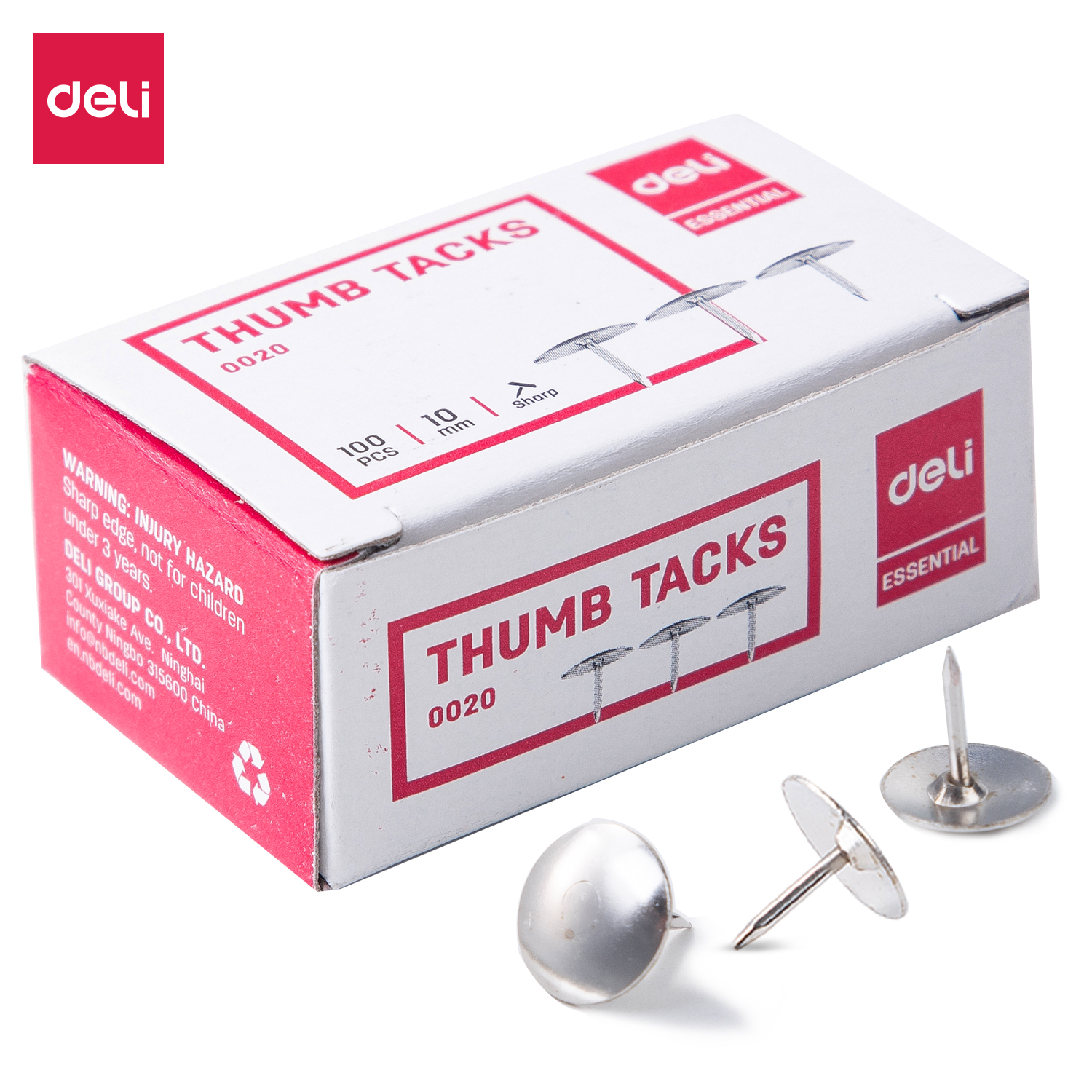 Deli Essential Thumb Tacks 0020 dėžutė su 100 PCS ir 10 mm žymomis bei trimis metaliniais smeigtukais