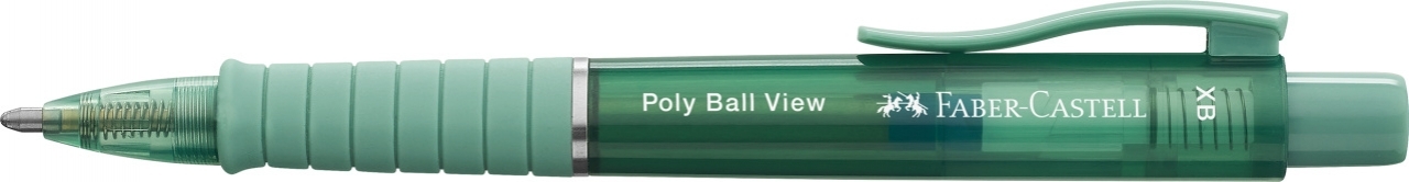 Horizontalus žalias Faber-Castell Poly Ball View tušinukas su skaidriu galiuku, mėtine rievėta rankena, spaustuku ir mygtuku