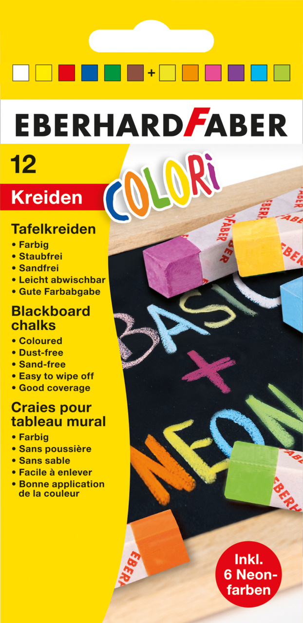 Geltona Eberhard Faber Color pakuotė su 12 spalvų žymomis, kvadratinėmis kreidelėmis ir šešių neoninių spalvų ženklu
