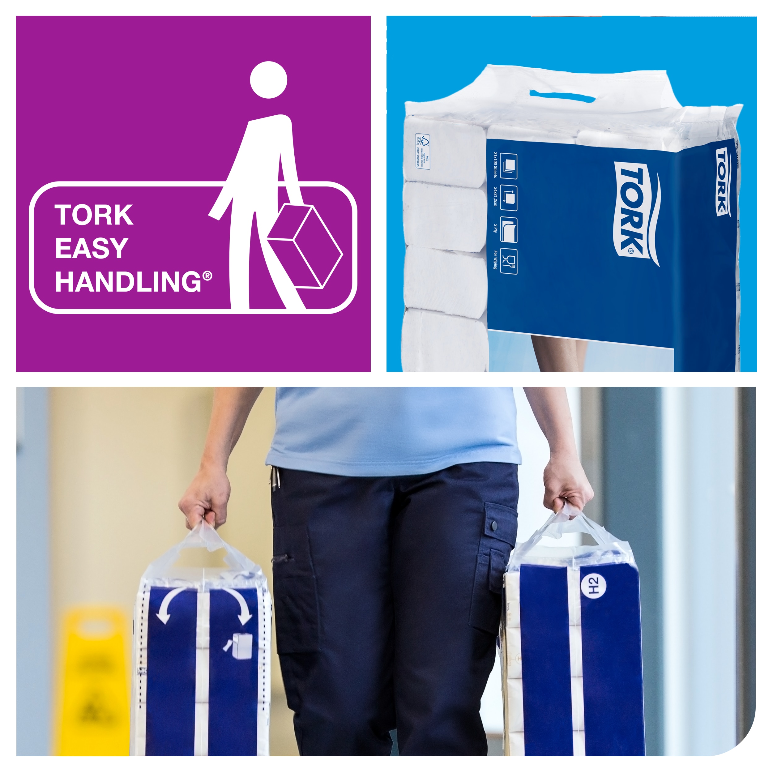 Tork Easy Handling koliažas su pakuotės rankenos atvėrimu ir dviem rankose nešamais H2 ryšuliais
