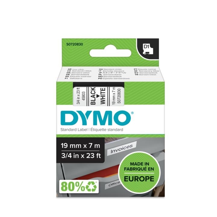 Dymo D1 pakuotė su Black White žymomis, 19 mm x 7 m matmenimis, balta Invoices etikete ir žaliu Made in Europe ženklu