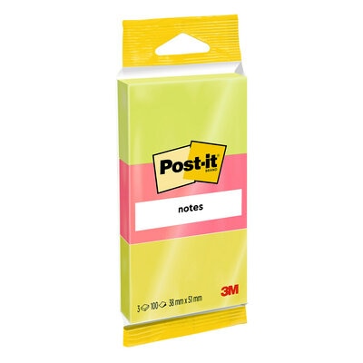 Vertikali Post-it pakuotė su neoniniais gelsvai žaliais lapeliais, rožine juosta ir 38 mm x 51 mm žyma