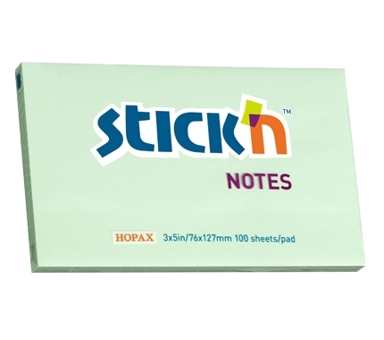 Šviesiai žalias Stick'n Notes blokelis perspektyvoje, su 76 × 127 mm ir 100 sheets/pad žymomis