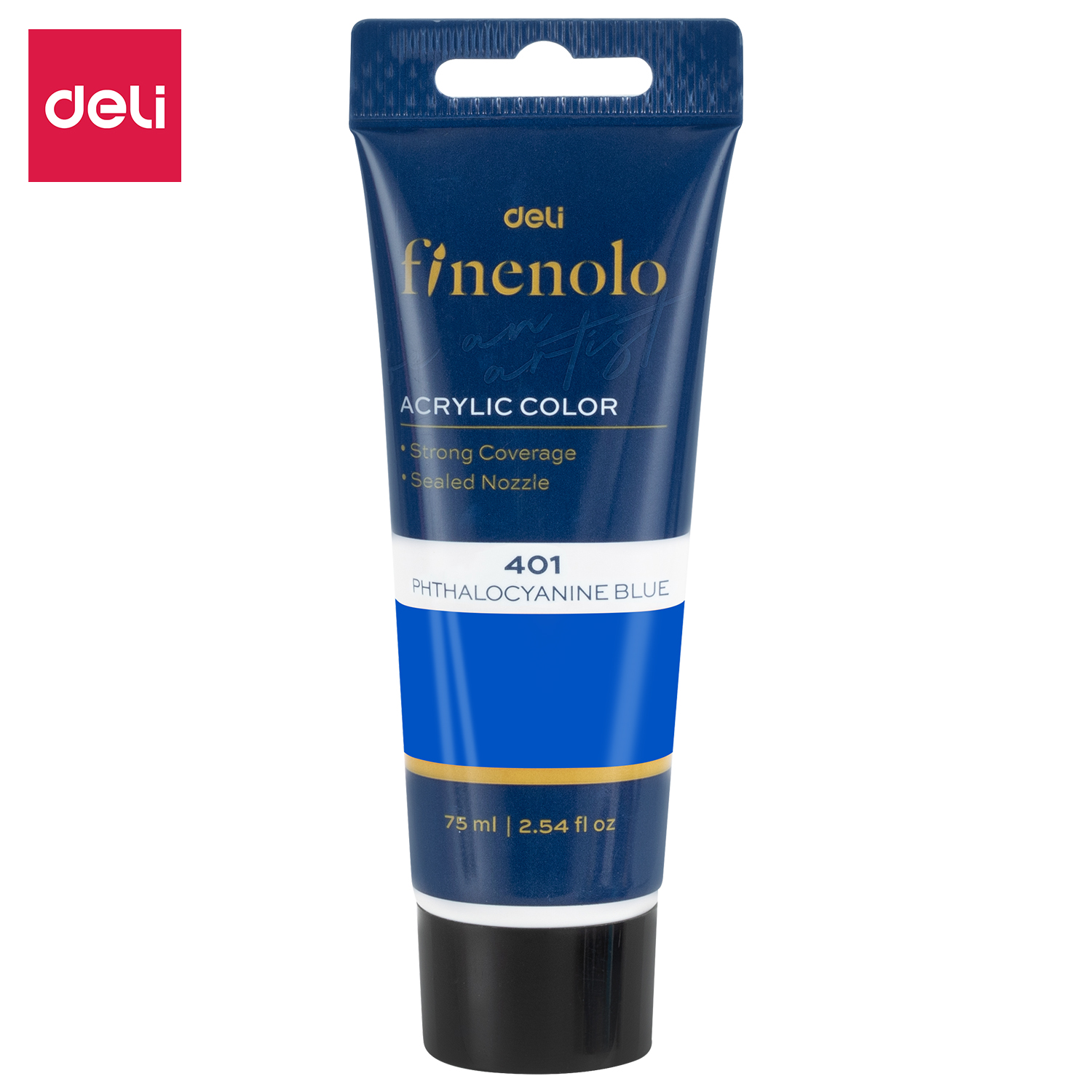 Tamsiai mėlyna Deli Finenolo akrilinių dažų tūbelė su 401 Phthalocyanine Blue juosta ir ryškiai mėlynu lauku