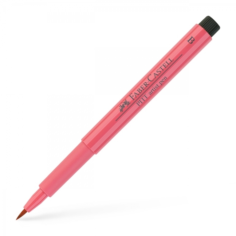 Įstrižai padėtas koralų rausvas Faber-Castell PITT Artist Pen rašiklis su rudu teptukiniu galiuku ir juodu galiniu kamšteliu