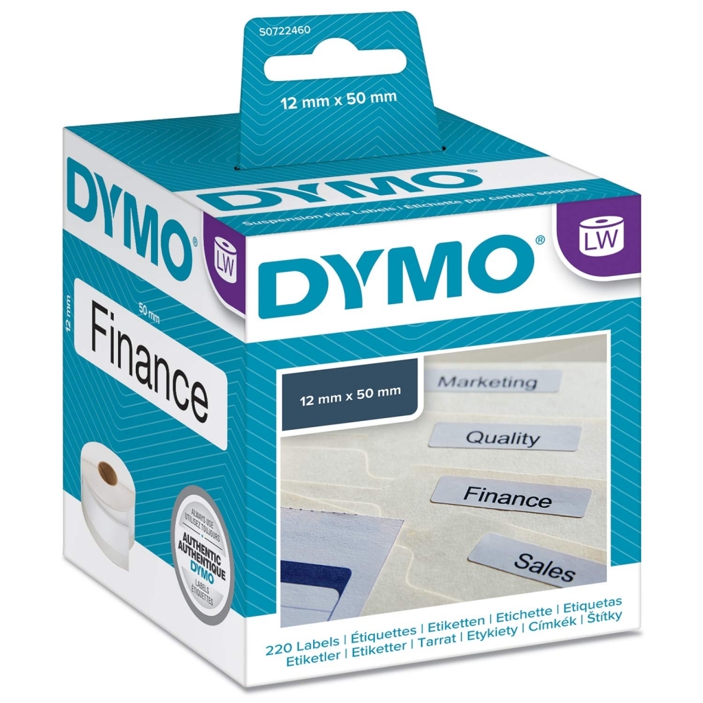 Žydra Dymo 12 × 50 mm etikečių dėžutė su bylų skirtukais ir 220 etikečių žyma