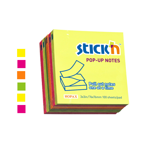 Stick'N 76 × 76 mm lapelių pakuotė su geltonu priekiu, ištraukimo piešiniu, spalvotais sluoksniais ir šešiais pavyzdžiais