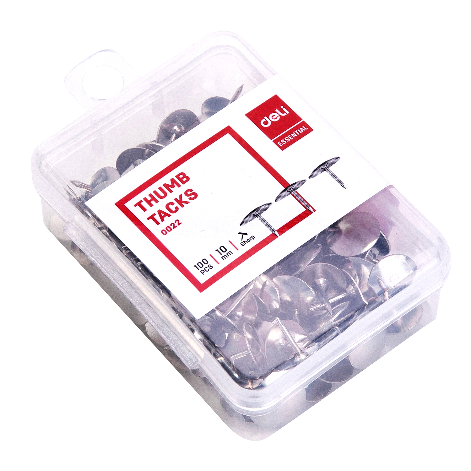 Skaidri Deli Thumb Tacks 0022 dėžutė trimis ketvirčiais, viduje sidabro smeigtukai, etiketėje 100 PCS, 10 mm ir Sharp