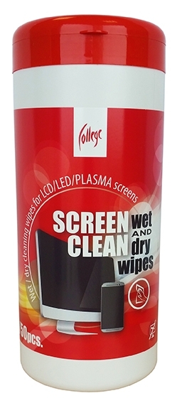 Raudona ir balta College Screen Clean talpykla su monitoriaus bei telefono iliustracija ir wet and dry wipes užrašu