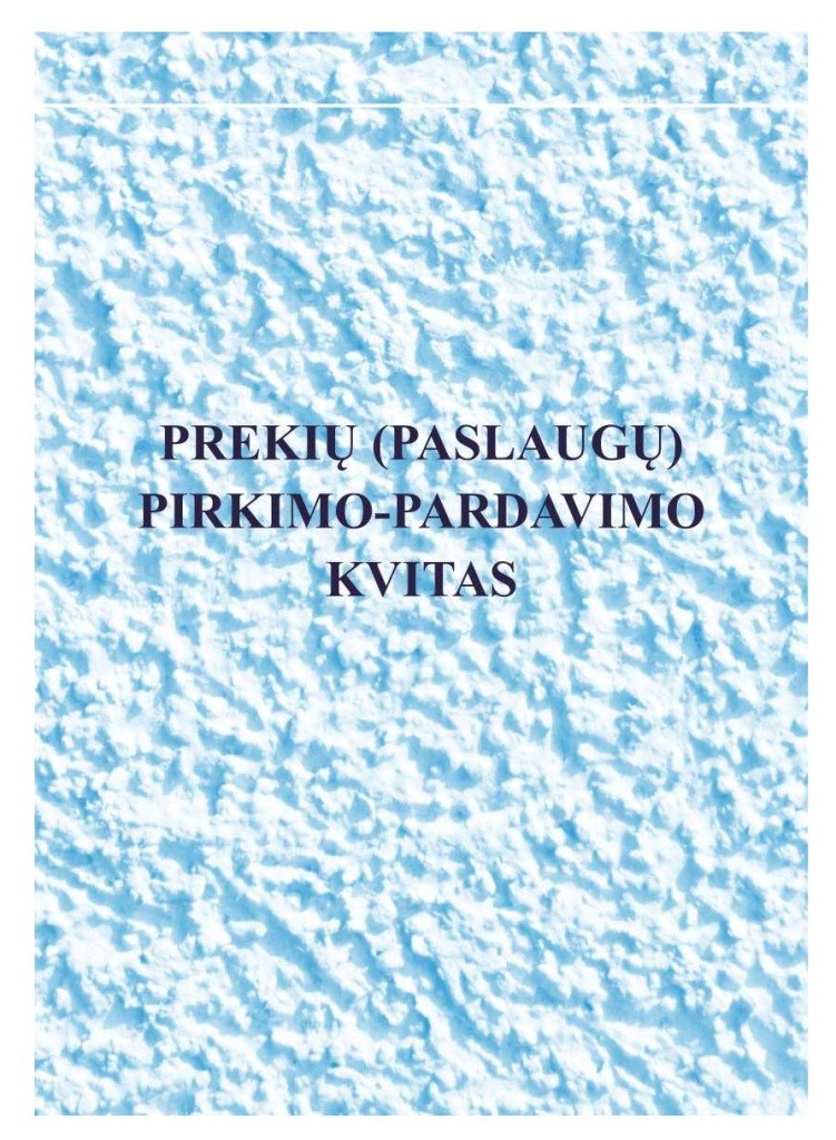Vertikalus melsvai baltas prekių ir paslaugų pirkimo-pardavimo kvitų knygelės viršelis su juodu pavadinimu centre