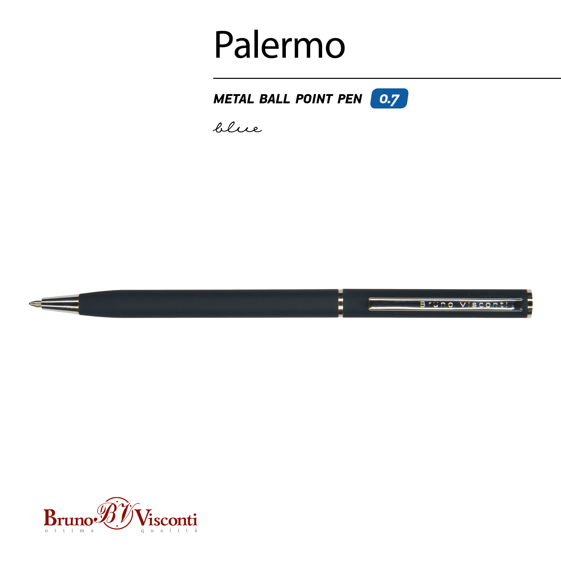 Tamsiai mėlynas Bruno Visconti Palermo 0,7 mm tušinukas horizontaliai su metaliniu galu, sidabriniu žiedu ir ilga sąvarža