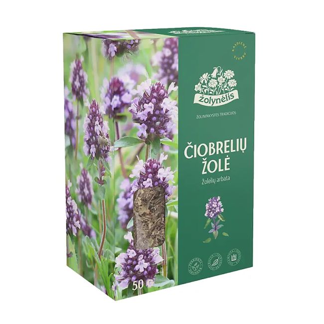 Žalia Žolynėlis Čiobrelių žolės arbatos dėžutė su violetiniais čiobrelių žiedais, žolelių maišeliu ir 50 g žyma