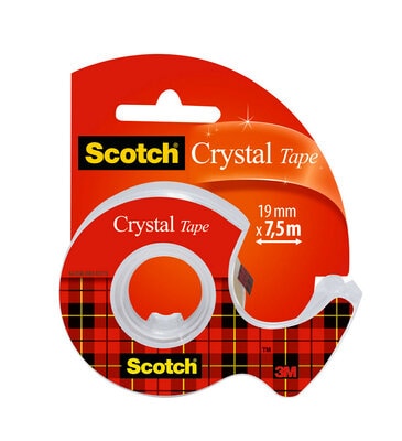 Scotch Crystal Tape skaidrios juostos ritinėlis permatomame laikiklyje, raudonoje pakuotėje su 19 mm × 7,5 m žyma