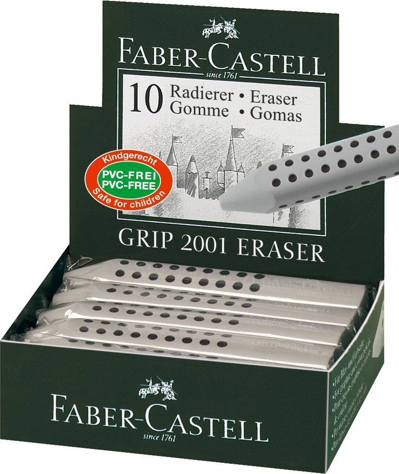Atvira tamsiai žalia Faber-Castell prekybinė dėžė su dešimčia pilkų Grip 2001 trintukų ir PVC-free ženklu
