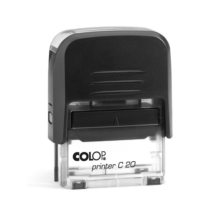 Stačias juodas Colop Printer C20 antspaudo korpusas su skaidriu apatiniu pagrindu ir balta keičiama etikete priekyje