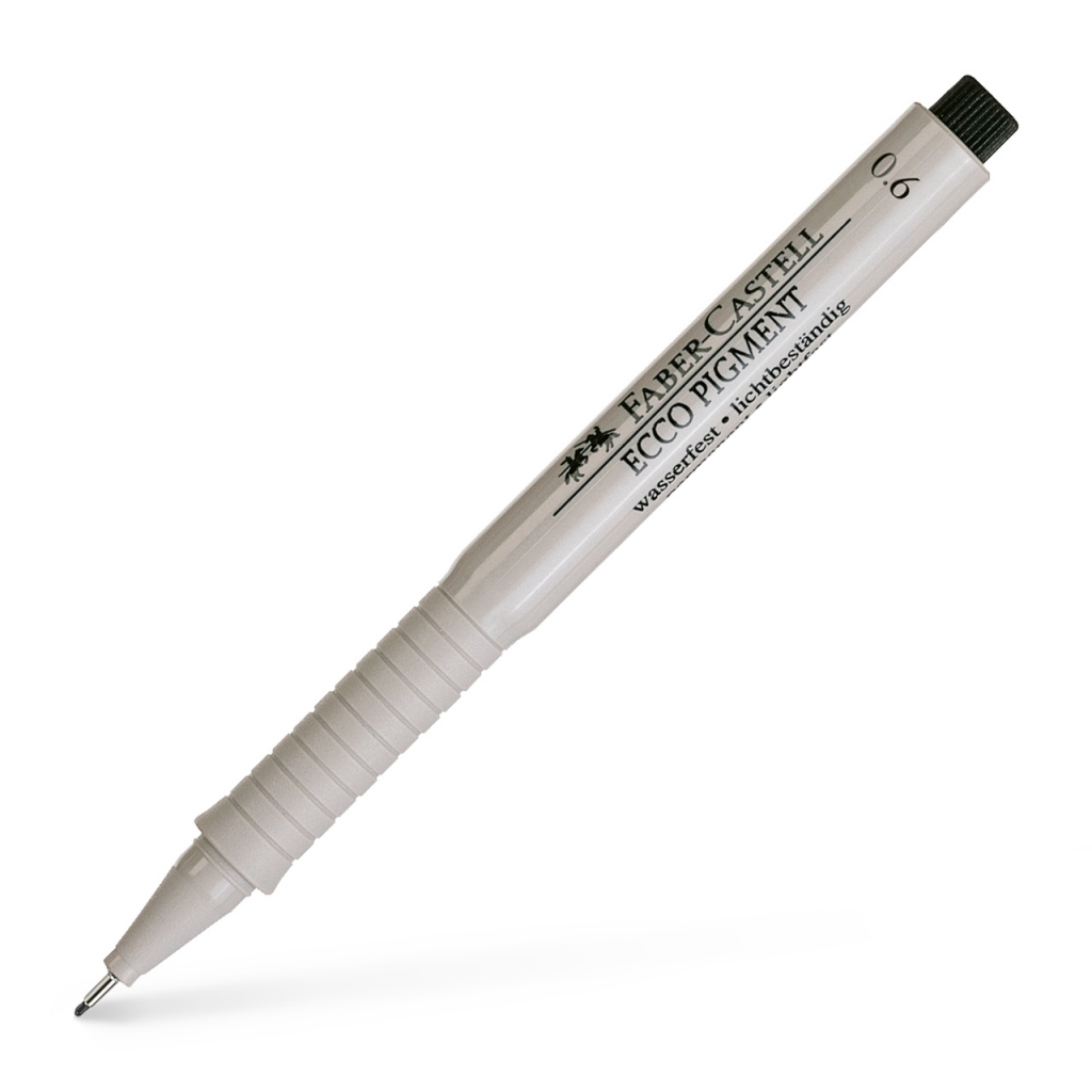 Baltai pilkas Faber-Castell Ecco Pigment 0.6 rašiklis su metaliniu galiuku, griovėta laikymo zona ir juodu galiniu kamšteliu