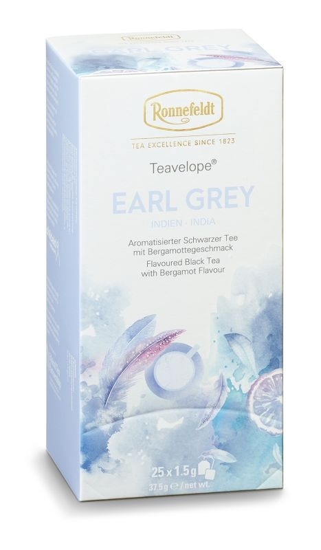Balta ir melsva Ronnefeldt Teavelope Earl Grey arbatos dėžutė su aukso logotipu, mėlynų gėlių akvarele ir 25 pakelių žyma