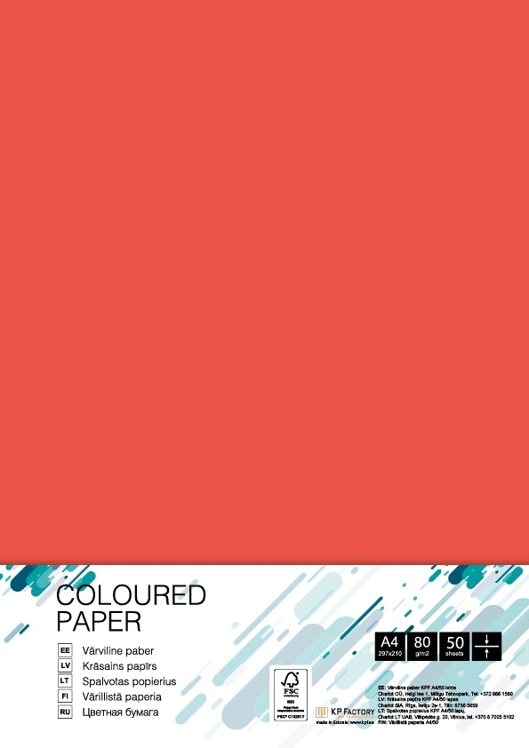 Plytų raudonos spalvos popieriaus pakuotė su etikete Coloured Paper, A4, 80 g/m², 50 sheets ir FSC Mix ženklu