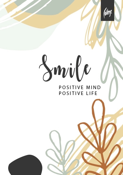 Baltas College sąsiuvinio viršelis su juodu Smile užrašu, Positive Mind Positive Life tekstu ir pastelinėmis lapų formomis