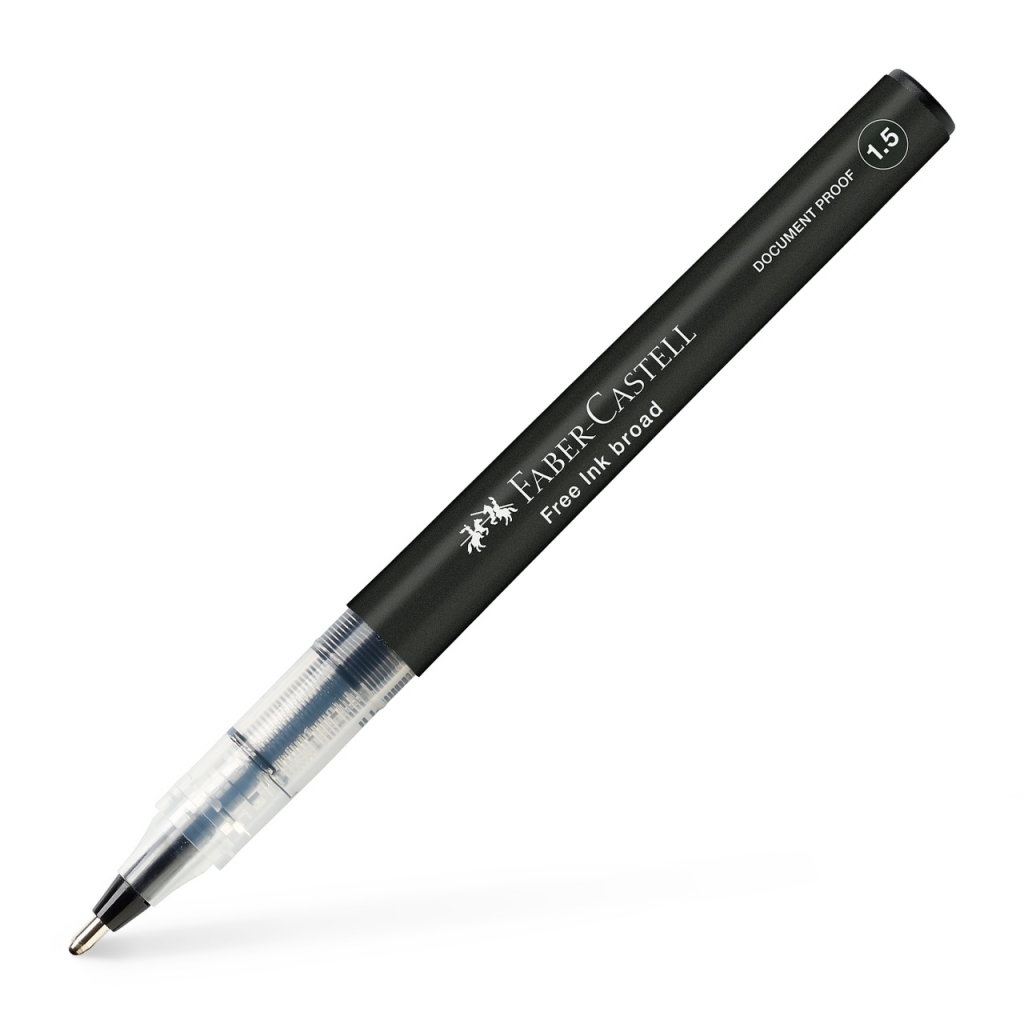 Įstrižas juodas Faber-Castell Finepen 1511 rašiklis su baltais užrašais, 1,5 žyma ir skaidria priekine dalimi