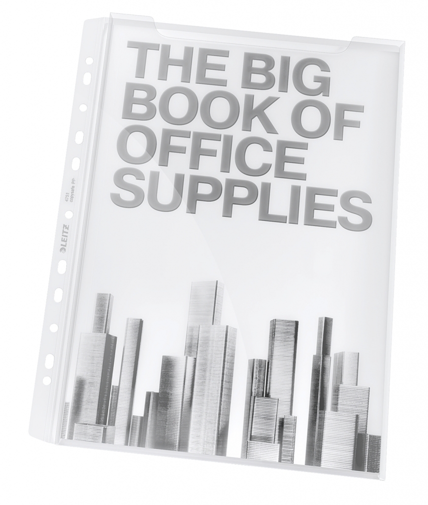 Skaidri Leitz įmautė su vienuolika segimo skylių, lapu THE BIG BOOK OF OFFICE SUPPLIES ir permatomu užlenkimu