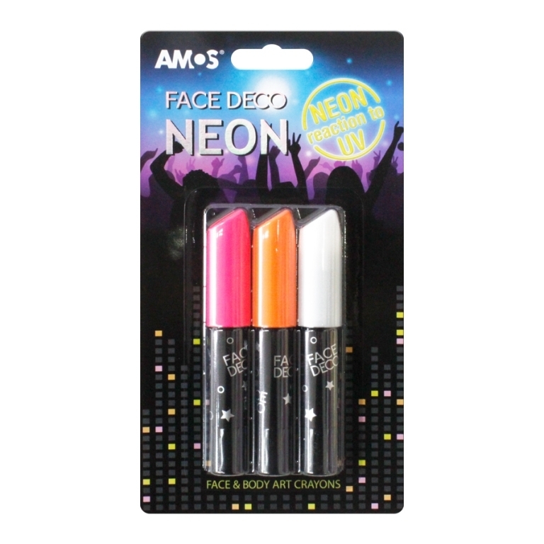 Juodoje AMOS Face Deco NEON pakuotėje trys veido kreidelės rožiniu, oranžiniu ir baltu galais, su UV žyma