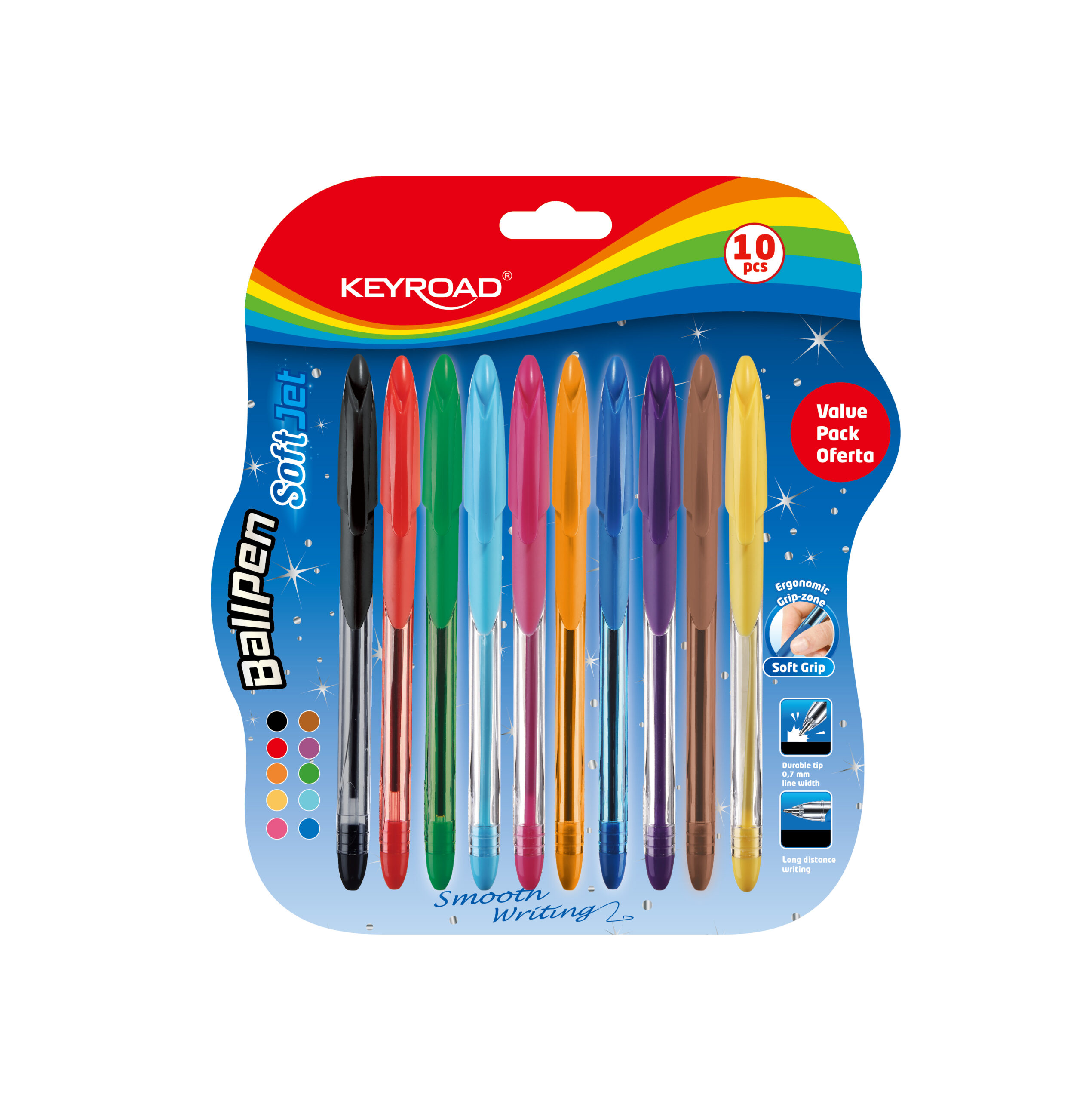 Keyroad Ballpen Soft Gel pakuotė su dešimčia spalvotų tušinukų, permatomais korpusais ir 0,7 mm žyma