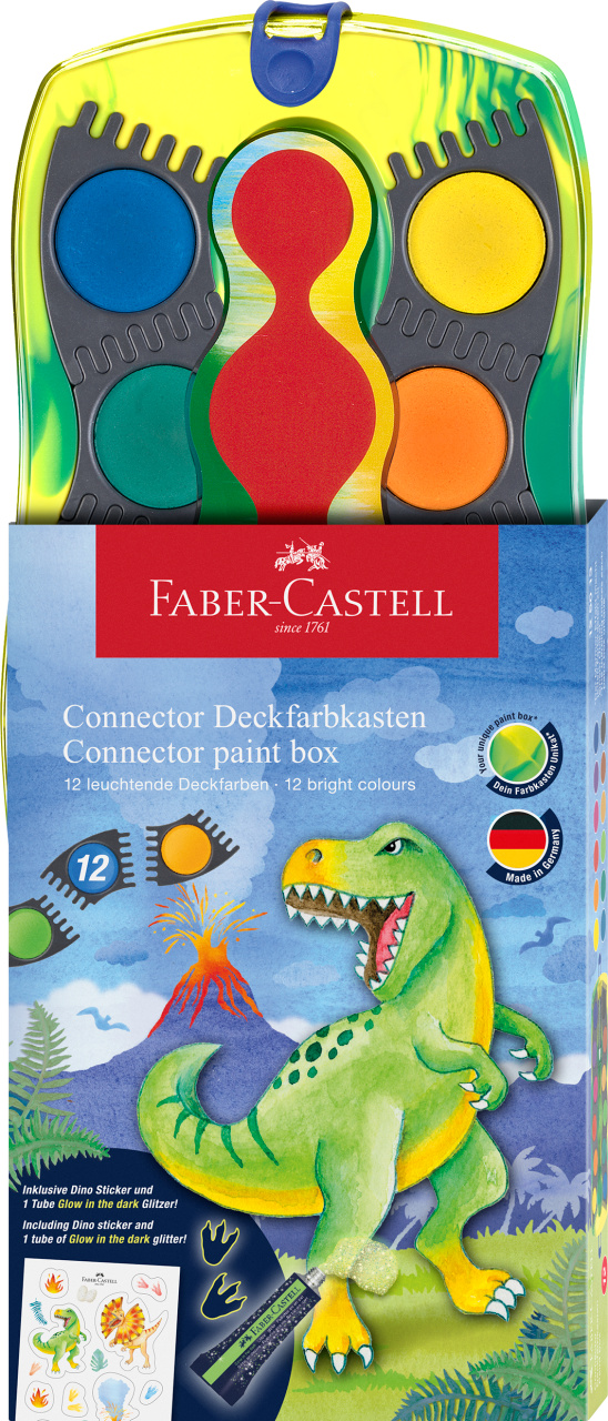 Faber-Castell Connector akvarelių pakuotė su atviru geltonai žaliu dėklu, spalvų skrituliais ir dideliu žaliu dinozauru