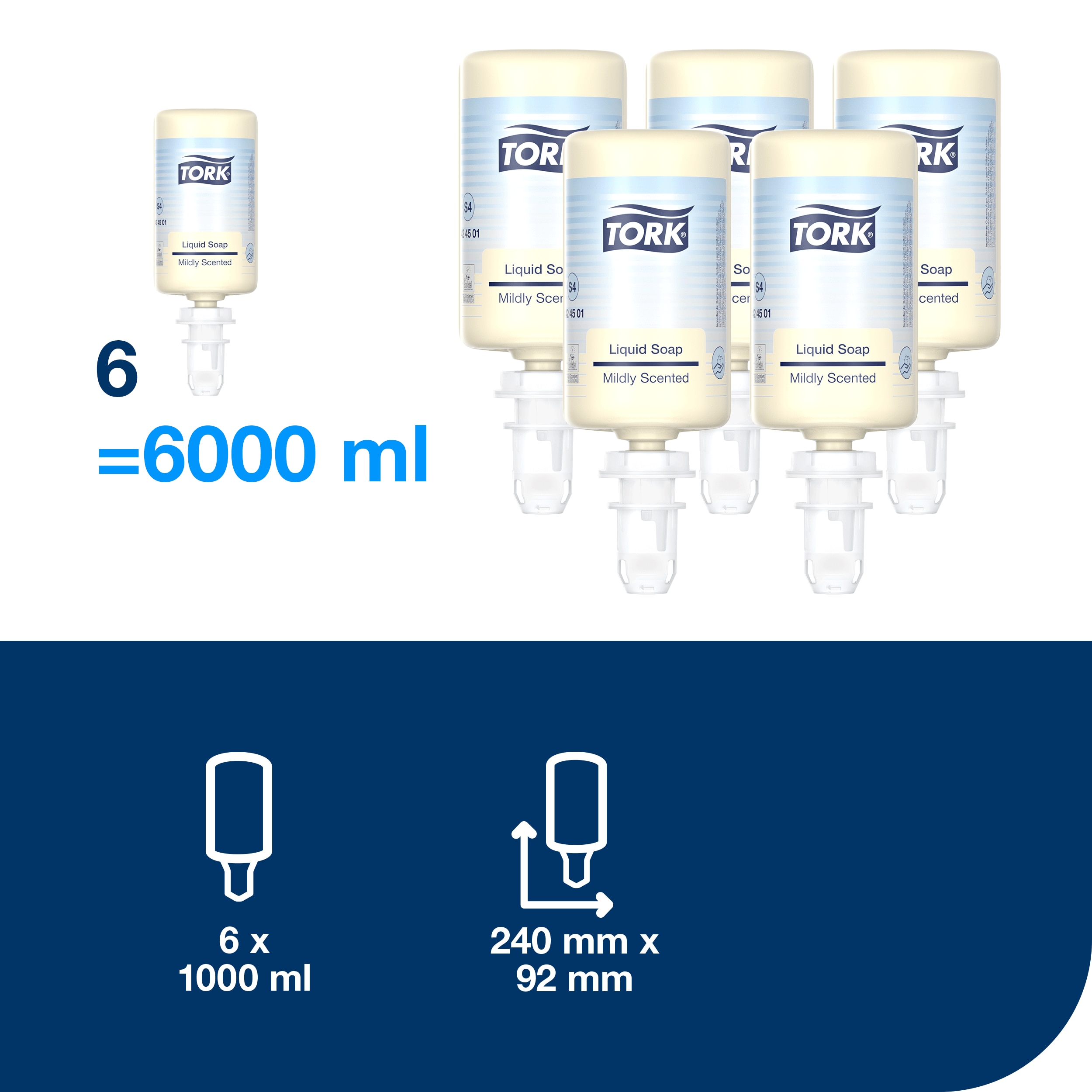 Tork schema su šešiomis Mildly Scented Liquid Soap kasetėmis, lygtimi 6 lygu 6000 ml ir žymomis 6 × 1000 ml bei 240 × 92 mm