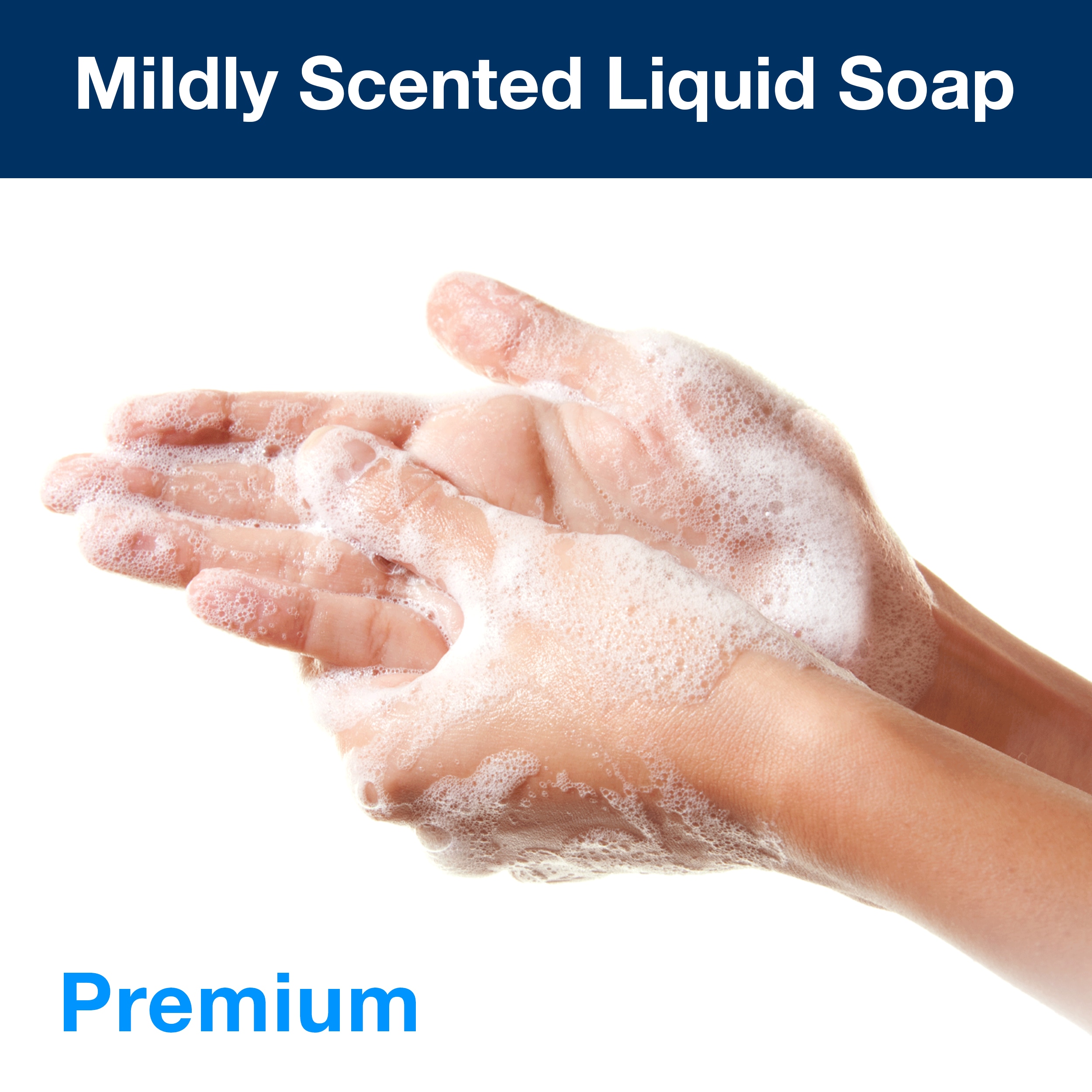 Muiluojamos rankos su balta puta, viršuje antraštė Mildly Scented Liquid Soap, apačioje mėlynas Premium užrašas
