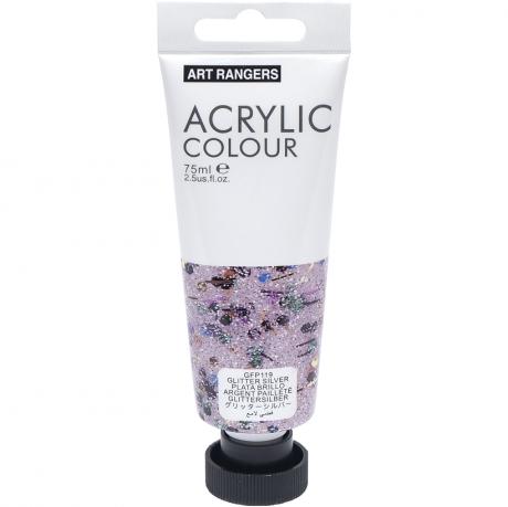 Art Rangers sidabrinių blizgučių akrilinių dažų 75 ml tūbelė ant juodo dangtelio