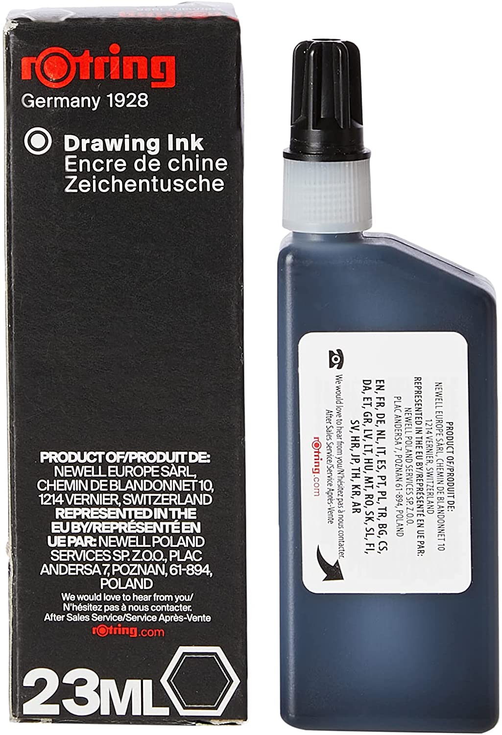 Rotring Isograph 23 ml juodo tušo buteliukas šalia juodos dėžutės su Drawing Ink užrašu ir didele 23 ML žyma