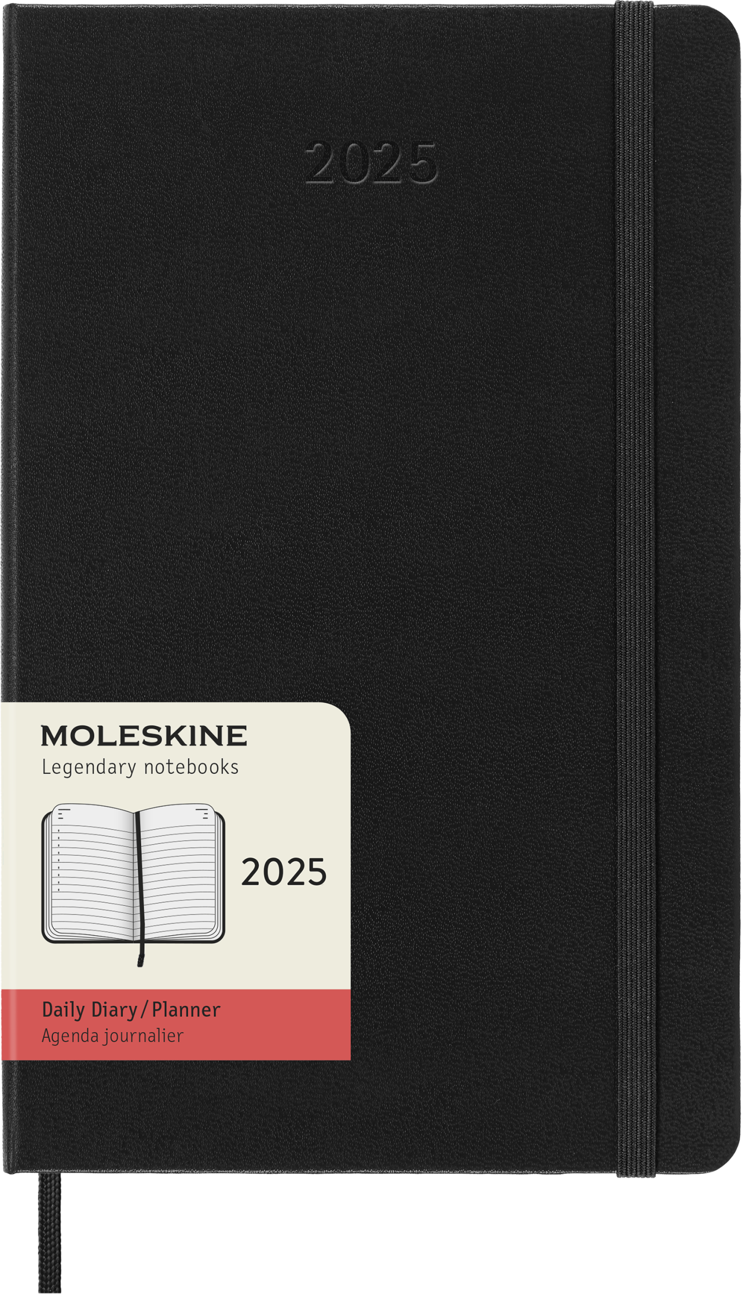 Juodas Moleskine 2025 kieto viršelio Daily Diary planuoklis su elastine juosta, skirtuku ir kremine bei koralų etikete