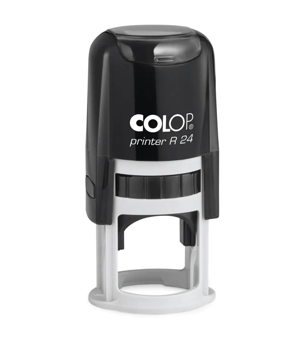 Vertikaliai stovintis juodas Colop Printer R24 antspaudas su pilku mechanizmu ir apvaliu pagrindu